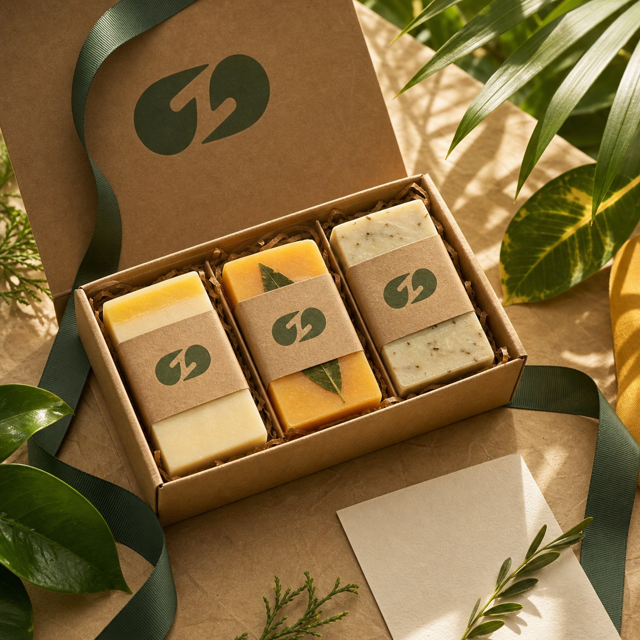 zikoiii ritual gift box with three handmade essential-oil soaps, kraft packaging, green ribbon, and blank gift card