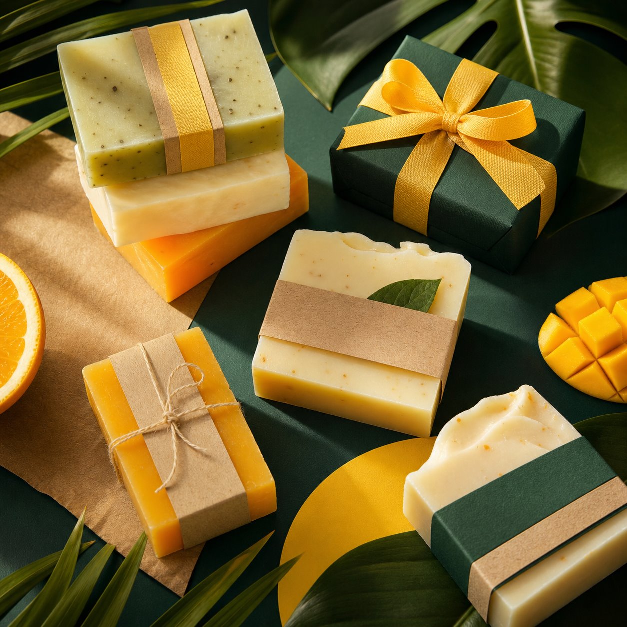 A collection of handmade zikoiii soap bars with green leaves, kraft paper, and sun-yellow accents